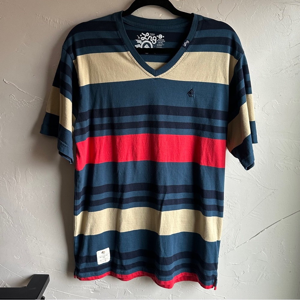 LRG Men’s Striped V-Neck Tee Skate Streetwear Y2K Casual Shirt‎ Sz L